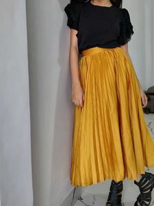 Mustard Yellow Pleated Midi Skirt
