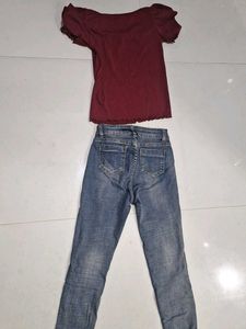 Maroon Puff Sleeve Top with Patched Jeans