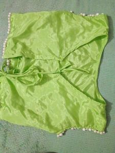 Lime Green Silk Blouse with Pearl Embellishments