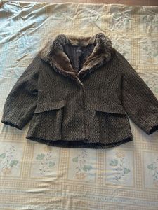 Chevron Pattern Jacket with Faux Fur Collar