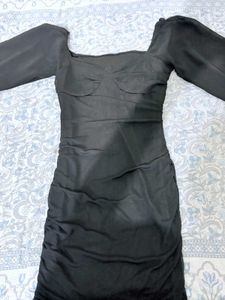 Chic Black Ruched Sheer Sleeve Dress