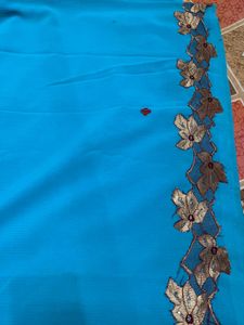 Beautiful Blue Saree with Floral Border