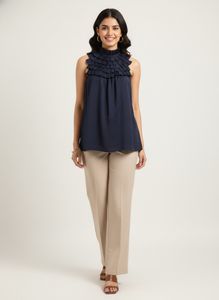 Chic Navy Ruffle Neck Sleeveless Top