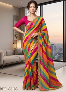 multicolour Vibrant Rainbow Striped georgette Sare