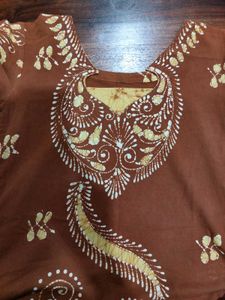 Pure Cotton Batik Suit In Brown &amp; Yellow