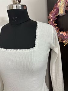 White Ribbed Square Neck Top with Lace Trim