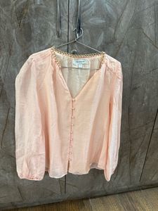 Elegant Peach Puff Sleeve Button-Up Blouse