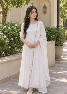 Elegant White Sequined Kurta with Net duppata