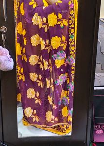 Floral Print Purple &amp; Cream Saree