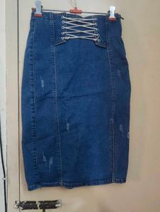 Denim Pencil Skirt with Lace-Up Detail