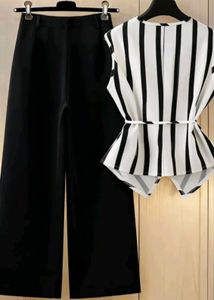 Chic Striped Wrap Top &amp; Wide Leg Pants Set