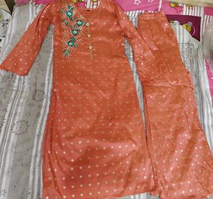 Peach Polka Dot Kurta Set with Embellished Necklin