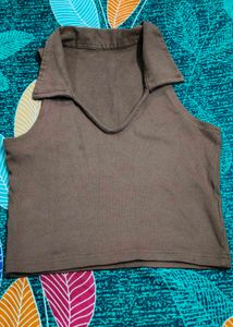 Brown Collared Sleeveless Crop Top