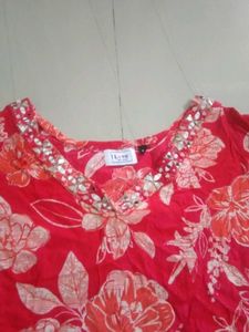 Red Floral Kurta with Embellished Neckline