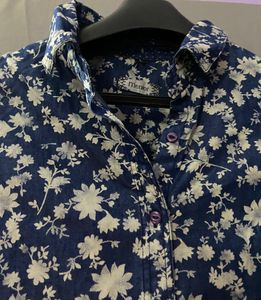 Mentor Floral Print Button-Down Blue Shirt