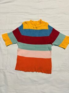 Colorful Striped Ribbed Mock Neck Top
