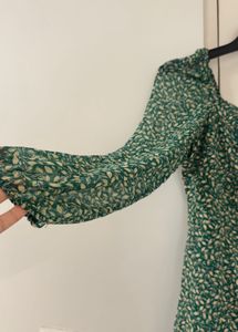 Zara Green Floral Puff Sleeve Midi Dress