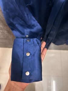 Elegant Navy Blue Satin Bow Blouse