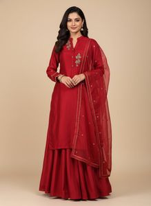 Elegant Red Embroidered Kurta with Gagra