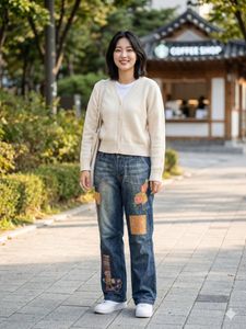 Unique Artsy Patchwork Denim with Floral & Rabbit