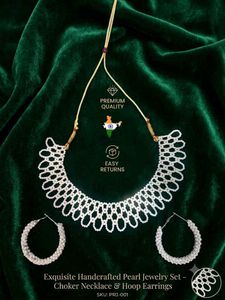 Pearl Choker Necklace & Hoop Earrings Set