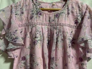 Chic Pink Floral Ruffle Sleeve Top