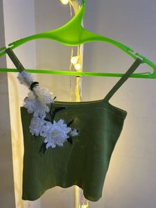 Green Crop Top with Floral Embellishment