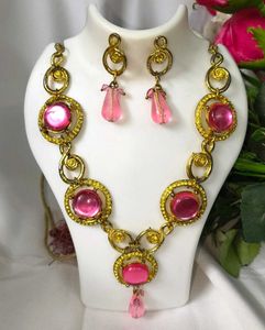 Chic Pink &amp; Gold Necklace Stone Jarkan Metal Set