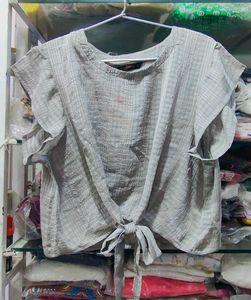 Grey Textured Tie-Front Crop Top