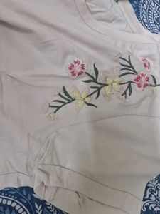 White T-Shirt with Floral Embroidery