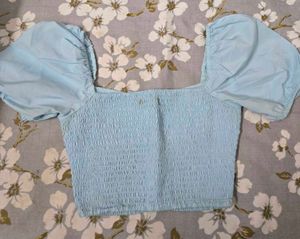Light Blue Puff Sleeve Smocked Crop Top