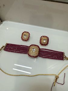 Maroon Beaded Choker Necklace &amp; Earrings Set