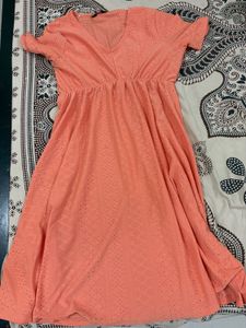 Coral Eyelet V-Neck Midi Dress