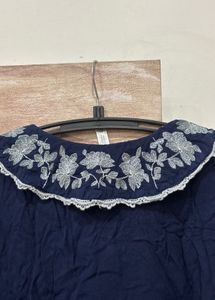 Embroidered Peter Pan Collar Navy Top