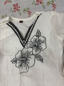 White Kurta with Black Floral Embroidery
