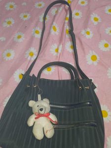 Stylish Dark Green Handbag with Teddy Charm