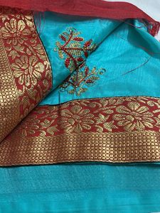 Beautiful Blue Saree with Red Border