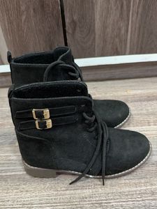 Black Lace-Up Ankle Boots with Buckle Detail