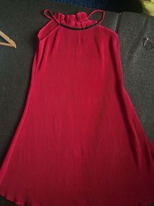 Elegant Red Pleated Halter Neck Dress