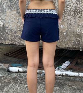Navy Blue Ruffle Shorts with Lace Detail