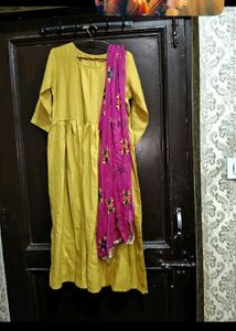 Yellow Kurta with Pink Phulkari Dupatta no lower