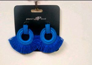 Vibrant Blue Tassel Hoop Earrings