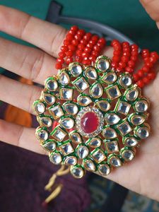 Red Beaded Necklace with Kundan Pendant