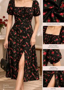 Floral Puff Sleeve Dress black & red rose printed