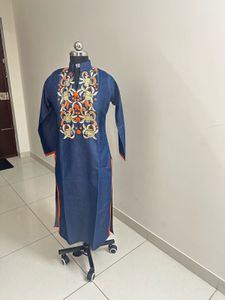 Denim Kurta with Floral Embroidery