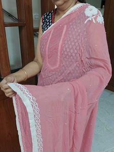 Pink Georgette Handwork Saree + Free Delivery