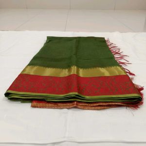 Elegant Green Saree with Red &amp; Gold Border