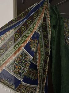 Green Striped Kurta Set with Dupatta