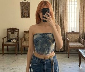 Boho Blue Floral Print Strapless Top