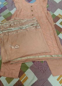 Elegant Peach Kurta Set with Silver Stripes